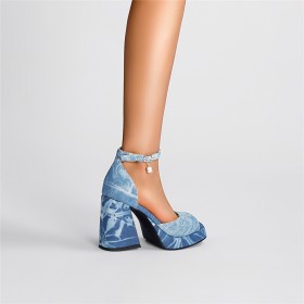 10 cm Highheel Denim Ombre Sexy Peeptoes Sandaal Gesp Blokhak Lichtblauwe Enkelbandje