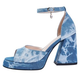 10 cm Highheel Denim Ombre Sexy Peeptoes Sandaal Gesp Blokhak Lichtblauwe Enkelbandje