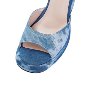 10 cm Highheel Denim Ombre Sexy Peeptoes Sandaal Gesp Blokhak Lichtblauwe Enkelbandje