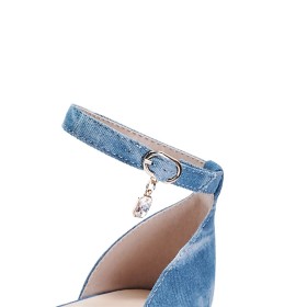 10 cm Highheel Denim Ombre Sexy Peeptoes Sandaal Gesp Blokhak Lichtblauwe Enkelbandje