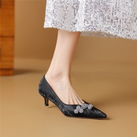 Chaussures Style Chinois Strass Cuir Texturé Satiné Élégant Escarpins Petit Talon 5 cm Talon Aiguille