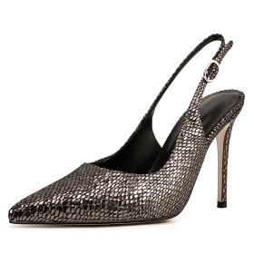 Zwarte Slangenprint Naaldhakken Klassiek Pumps Glitter Slingbacks Hoge Hak Vrijetijds