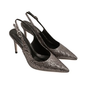 Black Pumps Sparkly Business Casual 4 inch High Heel Stiletto Classic Snake Printed Slingback