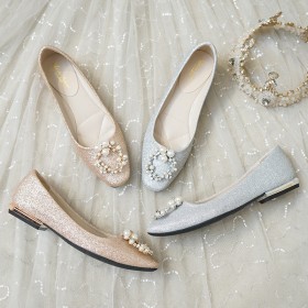 Mit Perle Flache Silberne Glitzer Ballschuhe Luxus Schuhe Damen