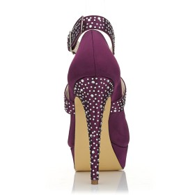Modern Dancing Ankle Strap 13 cm High Heels Satin Pumps Almond Toe With Rhinestones Evening Shoes Platform