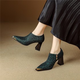 Chaussures Ceremonie Leopard Talon Haut 8 cm Embout Métallique Fermeture Éclair Cuir Talons Carrés Chaussure Cuir Texturé Satiné Classique