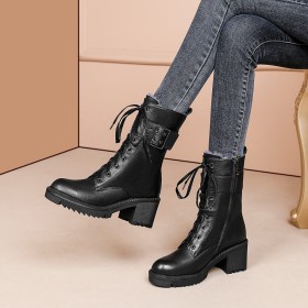 Lace Up Fur Lined Combat Black Block Heel Ankle Boots Classic Round Toe Mid Heel