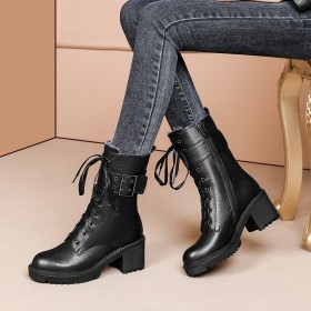 Lace Up Fur Lined Combat Black Block Heel Ankle Boots Classic Round Toe Mid Heel