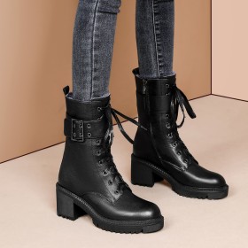 Lace Up Fur Lined Combat Black Block Heel Ankle Boots Classic Round Toe Mid Heel