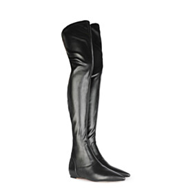 Faux Leather Pointed Toe Tall Boot Stretchy Thigh High Boots Sexy Sock Flats
