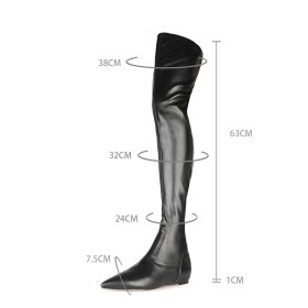 Sexy Sock Stretch Flach Hohe Stiefel Schwarze Overknees Spitz Lederimitat