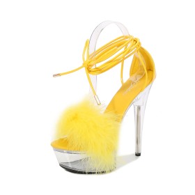 Platform Patent Leather Fluffy 2022 Cute Lace Up Stiletto Yellow Sandals For Women With Ankle Strap Faux Leather 6 inch High Heeled Fur