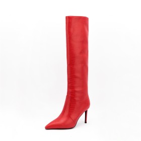 Stilettos Tall Boot Pointed Toe Embossed Knee High Boot For Women Fur Lined Red High Heels Faux Leather