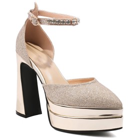 Ankle Strap Sandals Sparkly Faux Leather Elegant Thick Heel Block Heel Sequin 5 inch High Heel Metallic Formal Dress Shoes Evening Shoes Belt Buckle