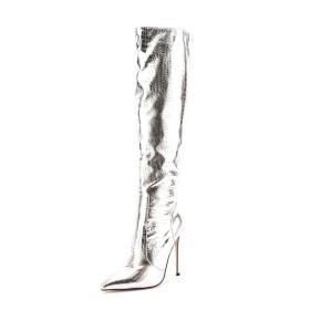 Fashion Over The Knee Boots Silver Snake Print Stiletto Heels 12 cm High Heeled Sparkly Tall Boot Patent Embossed 2023 Fur Lined Going Out Footwear