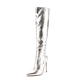 Sparkle Imitatieleer Hoge Laarzen Dames Overknee Boot Mode Lak Zilver Slangenprint Hoge Hak