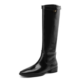 Classic Flat Shoes Knee High Boots Patent Leather Vintage Tall Boots Riding Pointed Toe Comfort