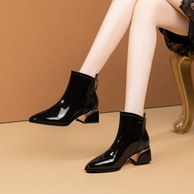 Dress Shoes Stylish Chunky Heel Ankle Boots Low Heeled Pointed Toe Comfort Embossed Block Heel