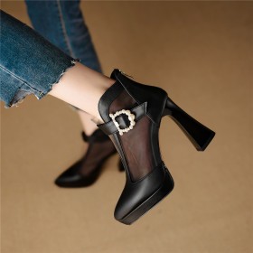 Chunky Heel With Metal Jewelry Tulle Dress Shoes Ankle Boots Block Heels Beautiful Business Casual High Heels