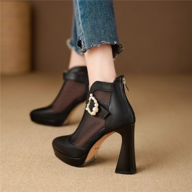 Chunky Heel With Metal Jewelry Tulle Dress Shoes Ankle Boots Block Heels Beautiful Business Casual High Heels