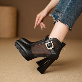 Chunky Heel With Metal Jewelry Tulle Dress Shoes Ankle Boots Block Heels Beautiful Business Casual High Heels