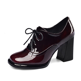 Fashion Ombre Oxford Shoes Leather Block Heel High Heels Shootie Round Toe Burgundy