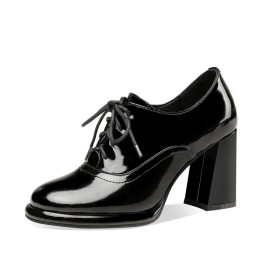Geschlossene Schnürschuhe Abendschuhe Elegante Lack Shooties Schuhe Damen High Heels Schwarz Oxford Mode Blockabsatz Farbverlauf