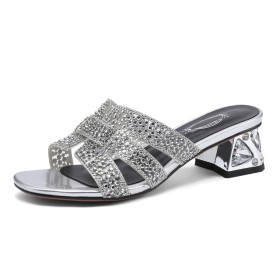 Silver Going Out Footwear Low Heel Peep Toe Womens Sandals Chunky Natural Leather Block Heels Sparkly Sequin