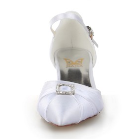 サテン 白 バックル フォーマル 4cm ローヒール 結婚式靴 サンダル ライン ストーン アンクル ストラップ ポイン テッド トゥ 5120010871F