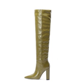 Vintage High Heel Block Heel Olive Green Knee High Boots Chunky Hee Tall Boots Faux Leather