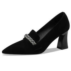 Suede Chunky Heel Mid Heel Black Elegant Classic Pointed Toe Dress Shoes