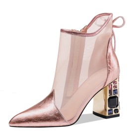 Eleganti Stivaletti Estivi Gioiello Con Tacco Alto Scarpe Da Cerimonia Scarpe Da Sera Tacco Largo In Tulle Oro Rosa Di Vernice Sandali Donna Tronchetti Donna Platino Moda A Punta