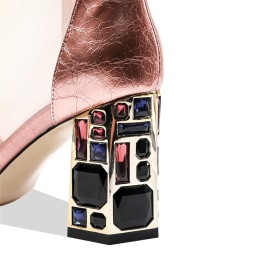 Eleganti Stivaletti Estivi Gioiello Con Tacco Alto Scarpe Da Cerimonia Scarpe Da Sera Tacco Largo In Tulle Oro Rosa Di Vernice Sandali Donna Tronchetti Donna Platino Moda A Punta