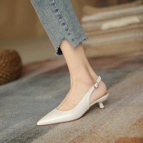 Stylish Natural Leather Formal Dress Shoes Patent Stilettos Low Heels Pumps Beautiful Slingback Business Casual Office Shoes Pointed Toe 2023