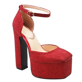 Uscire Tacco Alto Glitter Con Cinturino Alla Caviglia Plateau Moda Décolleté Tacco Largo Scarpe Da Cerimonia Punta Chiusa Sandalo