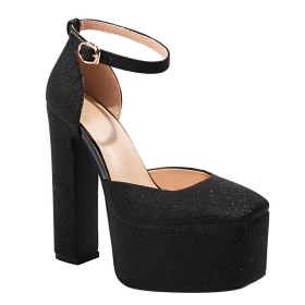 Platform Belt Buckle Going Out Shoes D orsay Block Heels Thick Heel Modern Ankle Strap 15 cm High Heel Pumps Sequin Evening Shoes Black