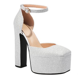 Tacco Largo Cerimonia Punta Chiusa Tacco Alto Luccicante Platform Moda Décolleté Scarpe Da Sera Argento Glitter Sandalo