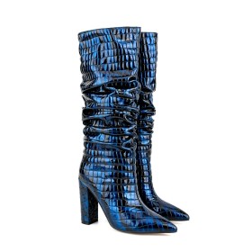 Pointed Toe 11 cm High Heel Tall Boots Slouch Chunky Heel Knee High Boots For Women Patent Snake Printed Block Heels Faux Leather Royal Blue