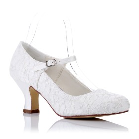 Lace Round Toe Wedding Shoes For Bridal Pumps With Ankle Strap White 6 cm Mid Heel