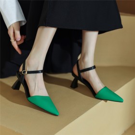 6 cm Mittlerer Absatz Mode Sandalen Damen Absatzschuhe Genarbte Leder Spitz Leder Blockfarben Geformter Blockabsatz Elegante