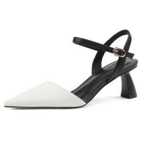 Belt Buckle Mid High Heeled Natural Leather Chunky Heel Elegant White Full Grain With Color Block Sandals