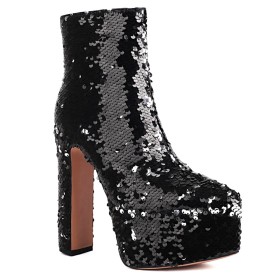 Pole Dance Shoes Stylish Sequin Block Heels Platform Chunky Heel 6 inch High Heel Sparkly Multicolor Pointed Toe Black Gradient Booties For Women