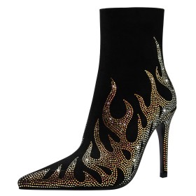 Strass Graffiti Daim Talons Aiguilles Boots Femme Bottines Fermeture Éclair Noir À Talon Cuir