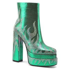 6 inch High Heel Rhinestones Sparkly Ankle Boots Platform Dressy Shoes Chunky Block Heels Sequin Going Out Footwear Green Faux Leather