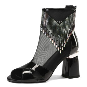 Sandal Boots Elegant Chunky Sparkly Ankle Boots Fringe Party Shoes Black Patent Block Heel
