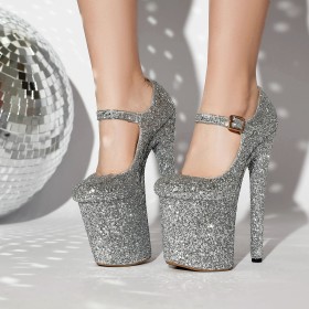 Pumps Going Out Shoes Stiletto Sparkly Super High Heels Sequin With Ankle Strap