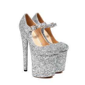 Pumps Going Out Shoes Stiletto Sparkly Super High Heels Sequin With Ankle Strap