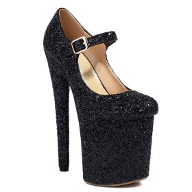 Pumps Black Stiletto Heels Glitter Platform Pole Dance Shoes Extreme High Heel Sparkly Ankle Strap Womens Footwear