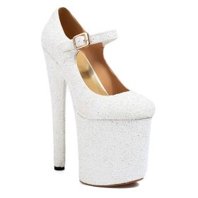 With Ankle Strap Extreme High Heels Platform Pumps Stiletto Glitter White Belt Buckle