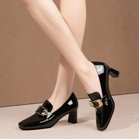 With Metal Jewelry Loafers Beautiful Business Casual Mid Heels Block Heel Patent Leather With Rhinestones Office Shoes